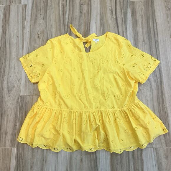 Crown‎ & Ivy Canary Yellow Eyelet Long Sleeve Peplum Blouse SZ 3x Travel Summer - Picture 1 of 10